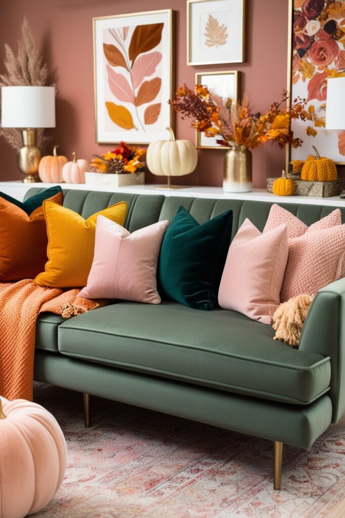 couch decorated with warm-toned throw pillows in burnt orange, mustard yellow, blush pink, and forest green