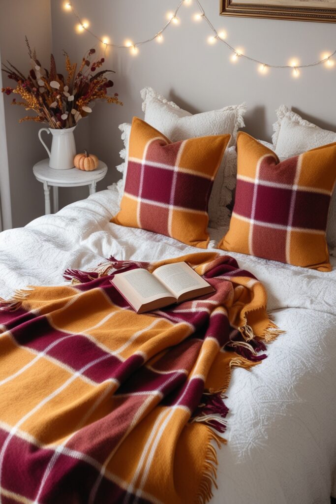 cozy bed styled with a plaid throw blanket in mustard and burgundy, matching pillows, fairy lights