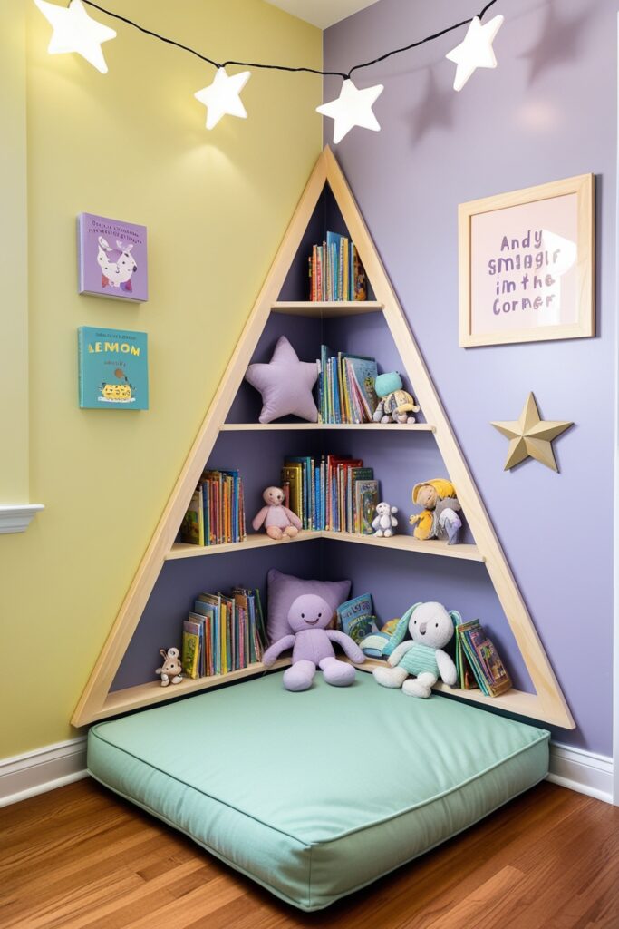 cozy kids’ reading corner with a mint green floor cushion, triangular wall shelves filled with books
