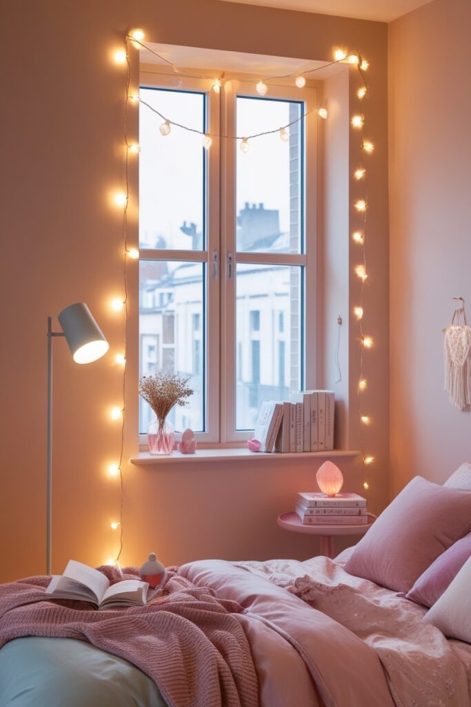 cozy, modern bedroom with layered lighting soft floor lamp, fairy lights across a window