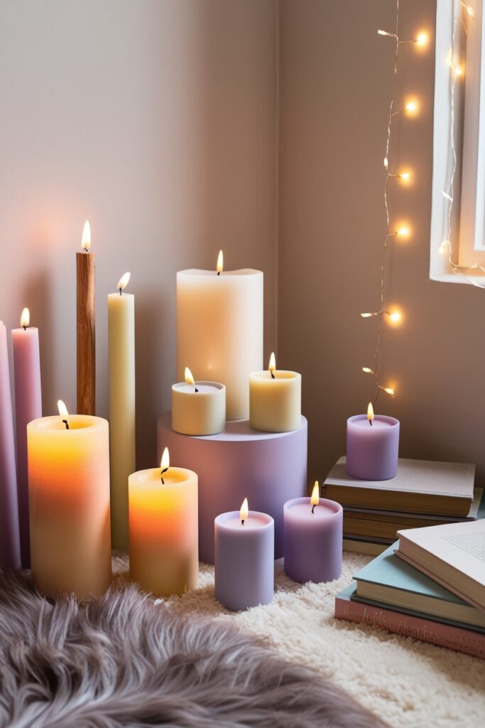 cute cozy corner with aesthetic candles of various sizes, wood wick candles flickering