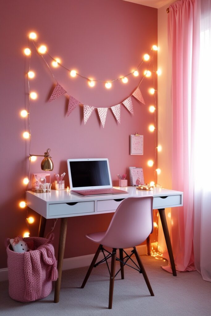 desk setup with fairy lights draped around the wal