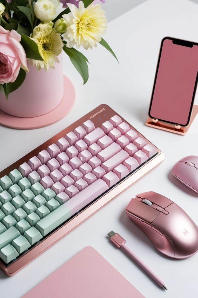 desk setup with pastel mechanical keyboard, wireless mouse in rose gold, matching phone stand