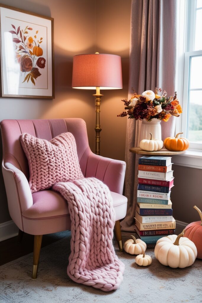 dreamy reading nook with a blush velvet chair, soft pillows, a chunky knit throw