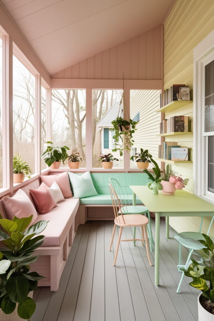 enclosed porch with cozy blush pink reading nook, mint green workspace, pastel yellow dining corner