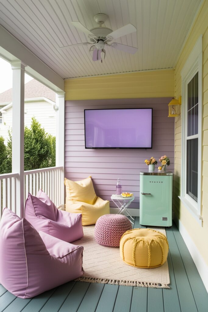 enclosed porch with pastel-toned bean bags, lavender wall-mounted TV, mint green mini fridge