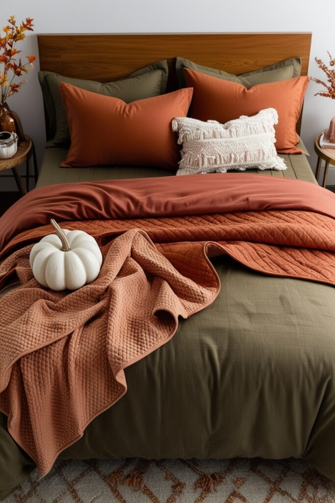 fall bed setup with flannel sheets in rust and olive green, a terracotta quilted blanket
