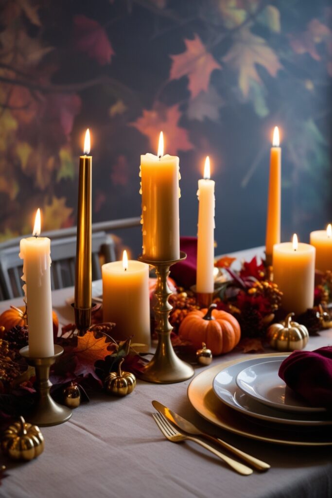 fall dinner table with mismatched candle clusters, gold and brass candle holders