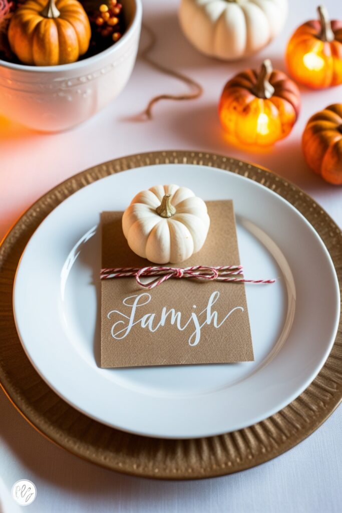 fall place setting with white plate, kraft paper place card tied with twine, mini white pumpkin on top