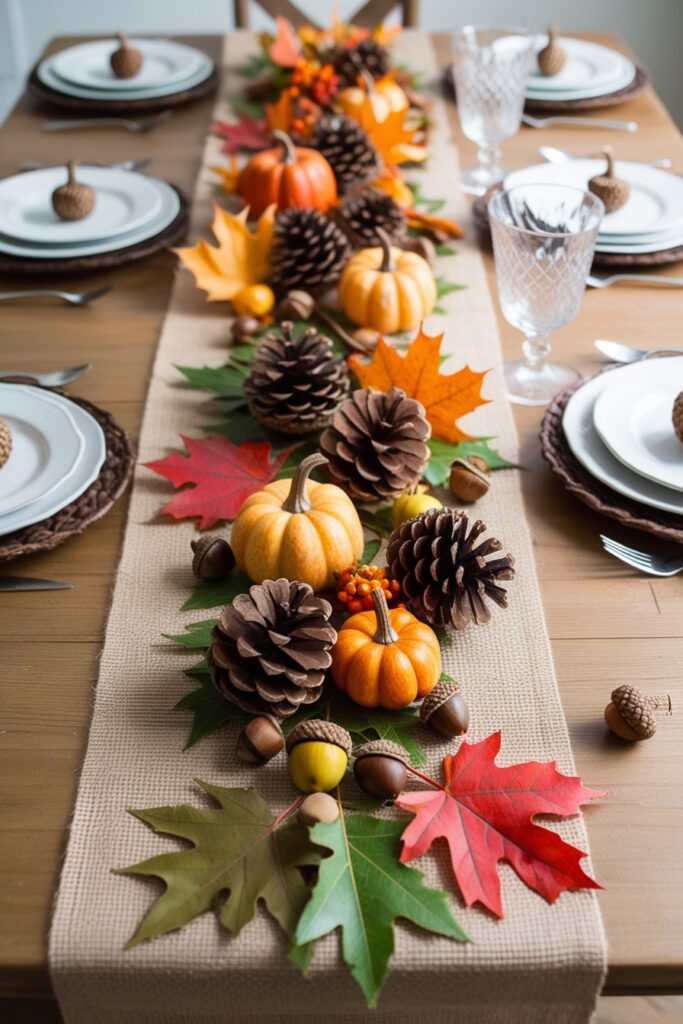 fall table decorated with real autumn leaves, pinecones, acorns scattered