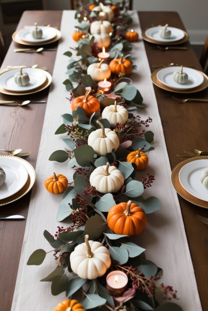 fall tablescape with eucalyptus garland running across the table, woven with small pumpkin