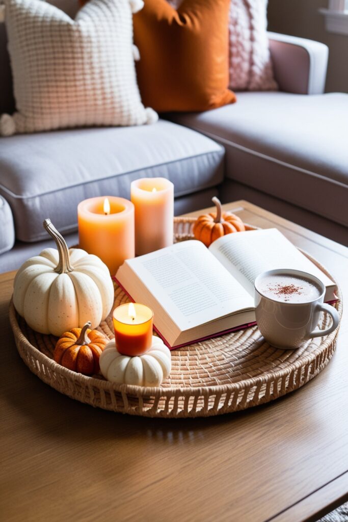 fall-themed coffee table setup with a woven tray, candles, stacked mini pumpkins, an open book