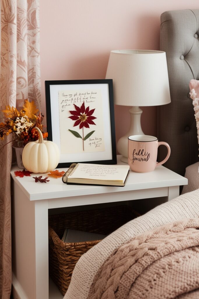 fall-themed nightstand with a framed photo, handwritten note, favorite mug, cozy knit throw