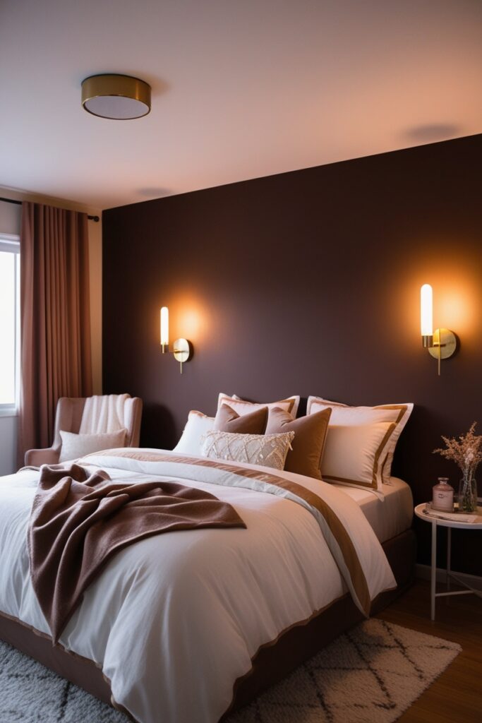 feminine bedroom with matte chocolate brown walls