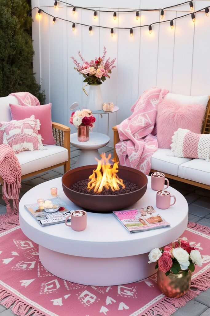 fire pit coffee table on a pink-and-white boho patio, with matching cozy throws, blush mugs with hot cocoa