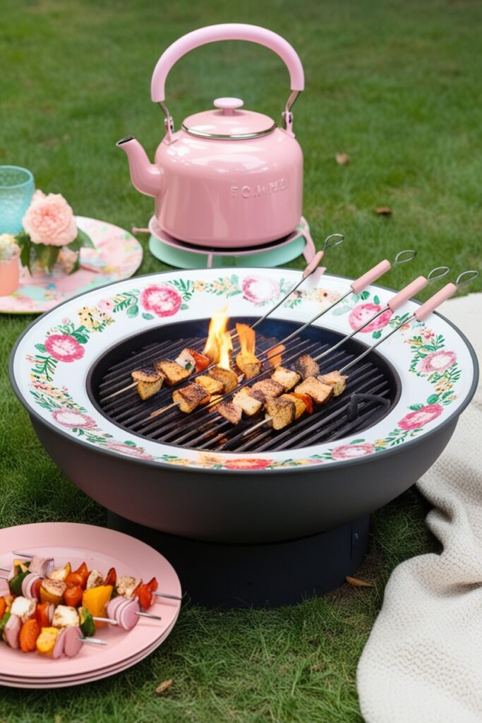 fire pit grill setup, with a pink enamel kettle, floral-patterned plates