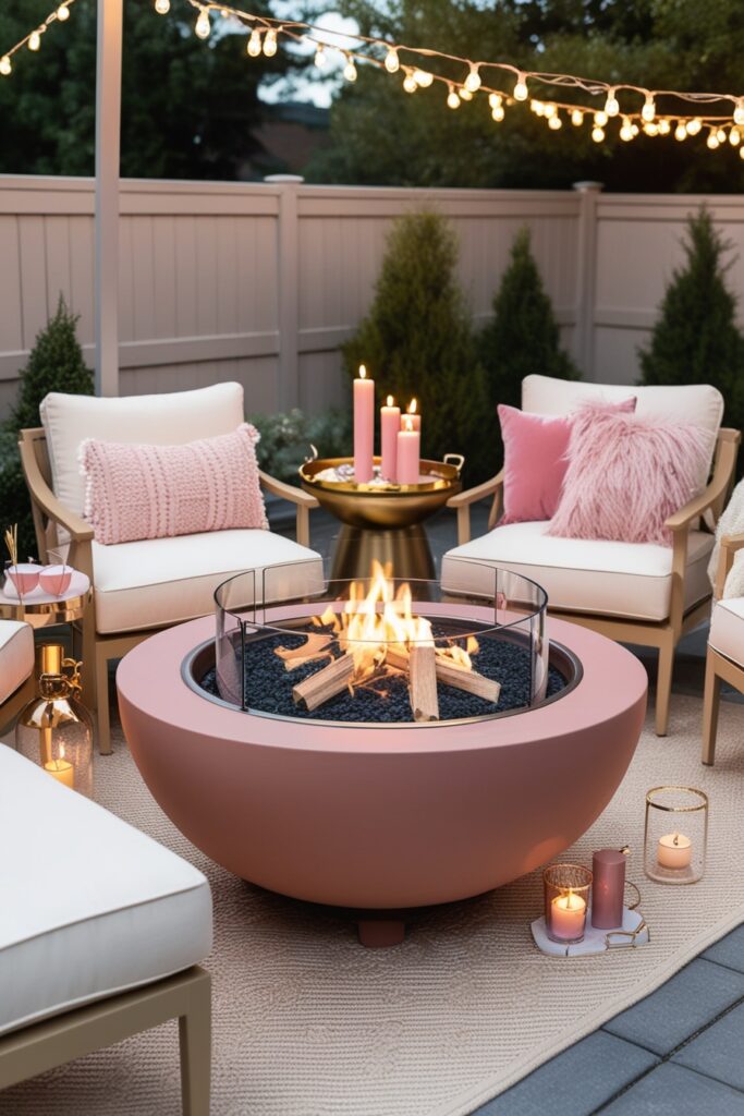 fire pit with a glass wind guard, blush and cream outdoor furniture, aesthetic pink drinks on a gold tray