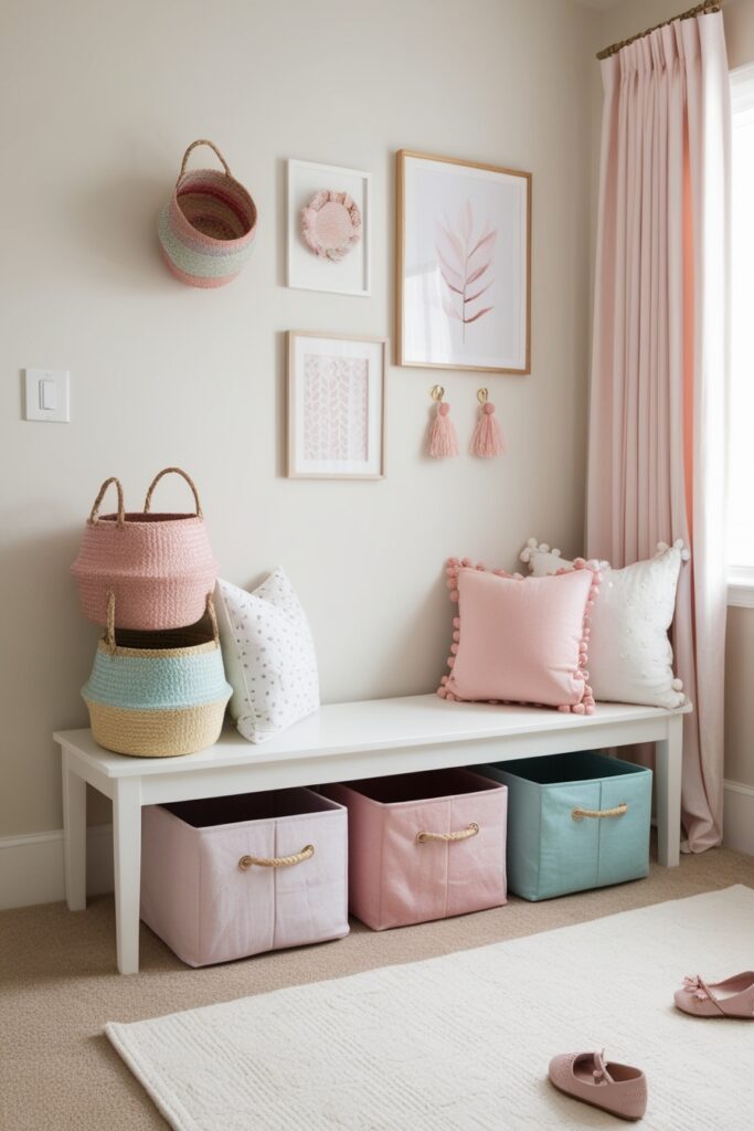 functional bedroom with pastel-colored woven baskets, fabric storage cubes under a white bench