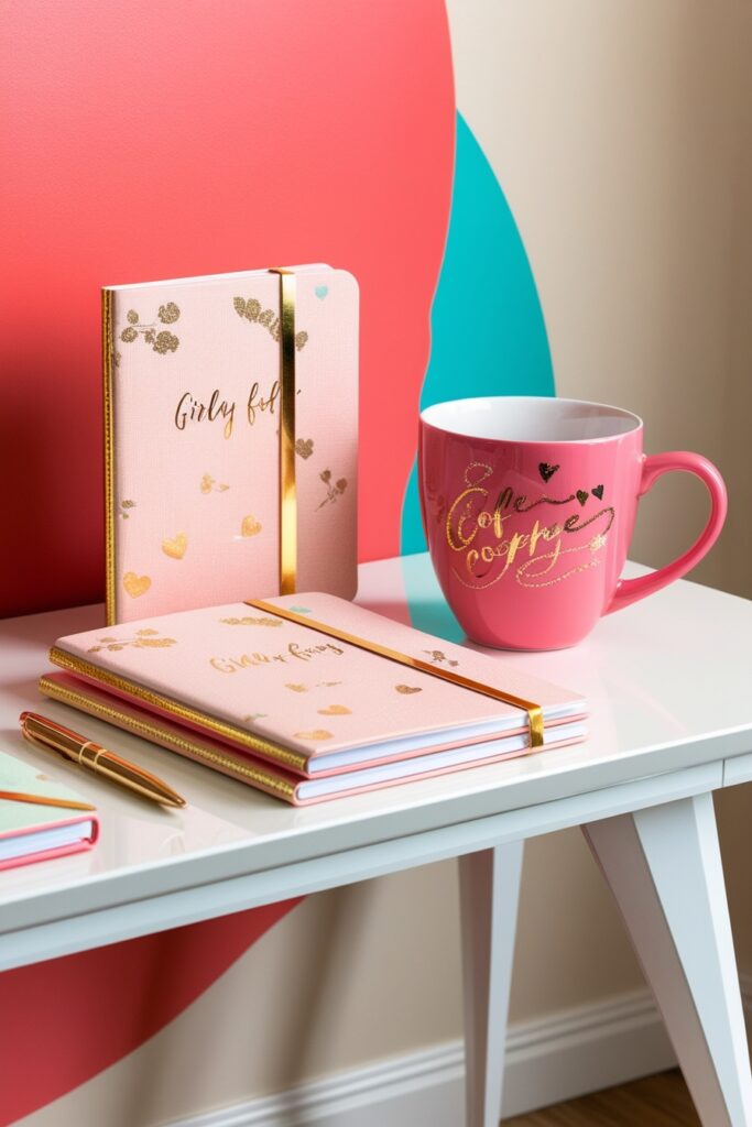 girly desk with coordinated pink and peach accessories, matching notebooks, cute coffee mug