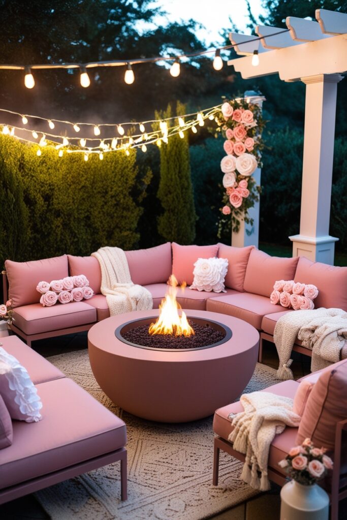girly fire pit lounge with blush sectional sofa, fire pit in the center, string lights, rose-themed throw pillows