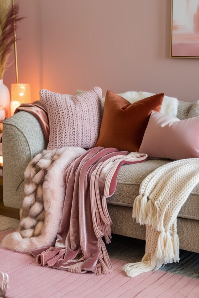 girly living room with layered throws in soft knits, faux fur, and velvet in muted fall tones