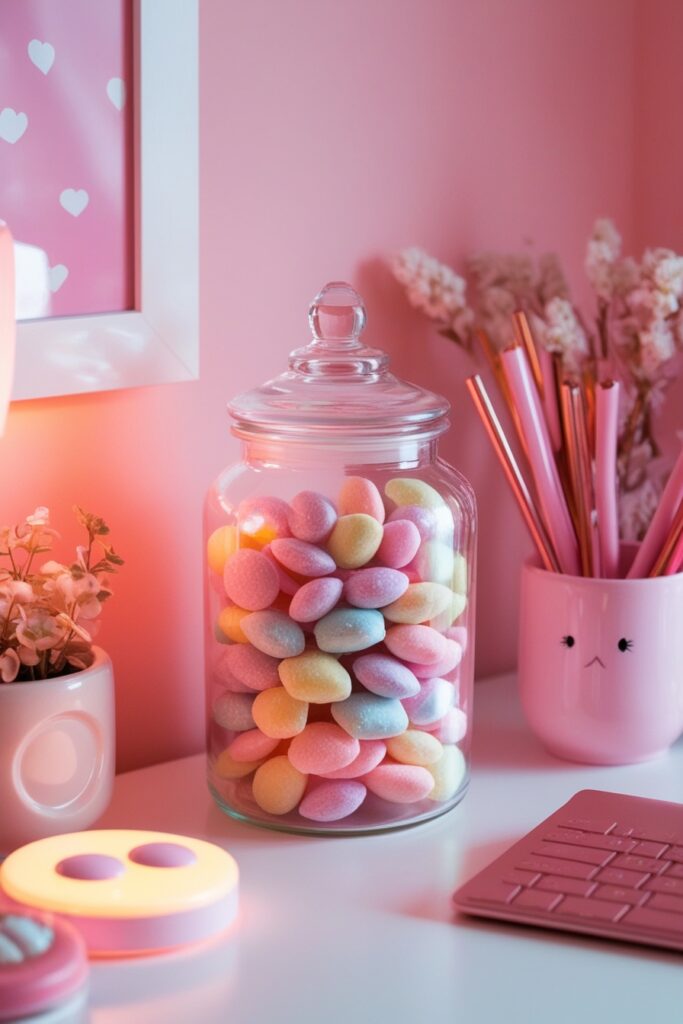 glass jar filled with pastel candy or snacks