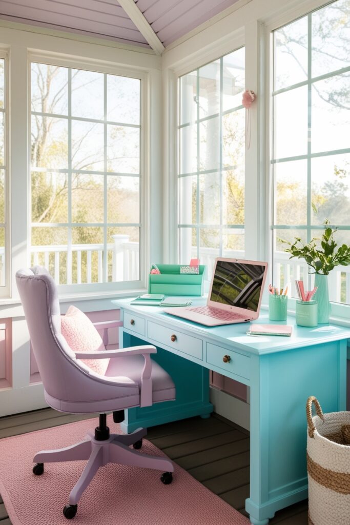 home office porch with baby blue desk, pastel pink laptop, lavender accent chair