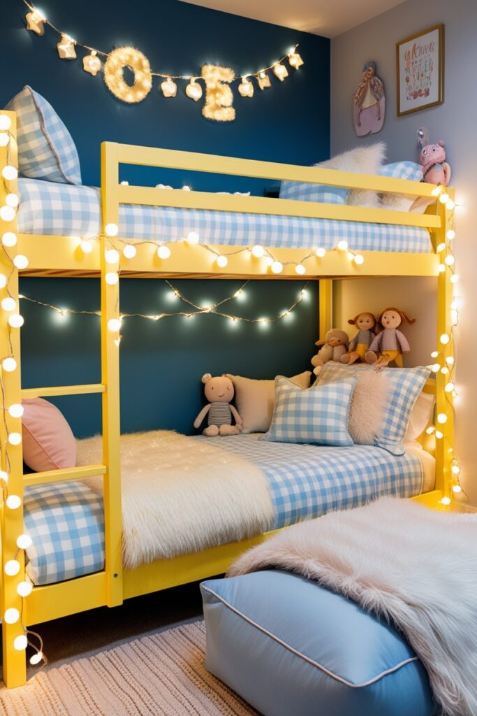 kids’ bedroom with light wood and white bunk beds