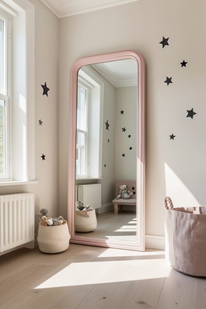 kids’ room with tall pastel-framed mirror reflecting sunlight, light wood floors