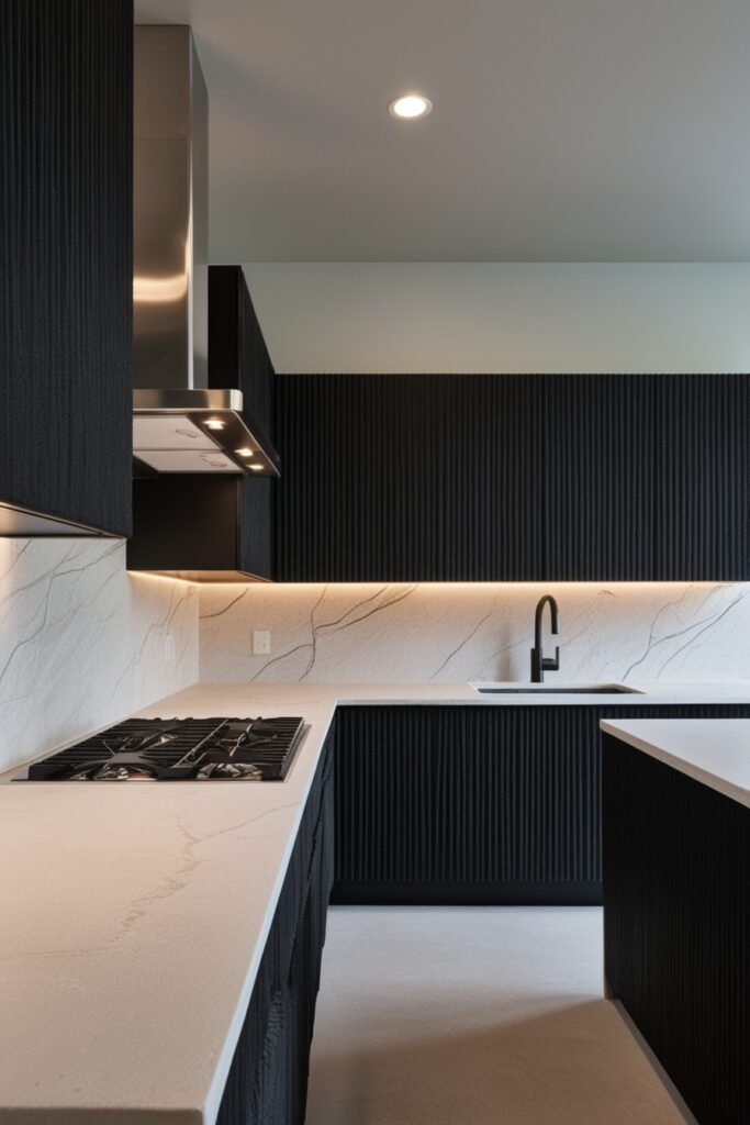 kitchen with textured black cabinets—ribbed or woodgrain look—paired with white stone countertops