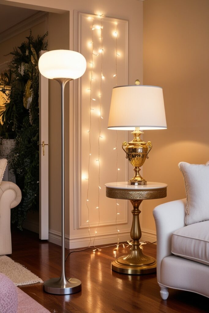 living room with layered lighting a modern floor lamp, soft fairy lights, and a gold table lamp