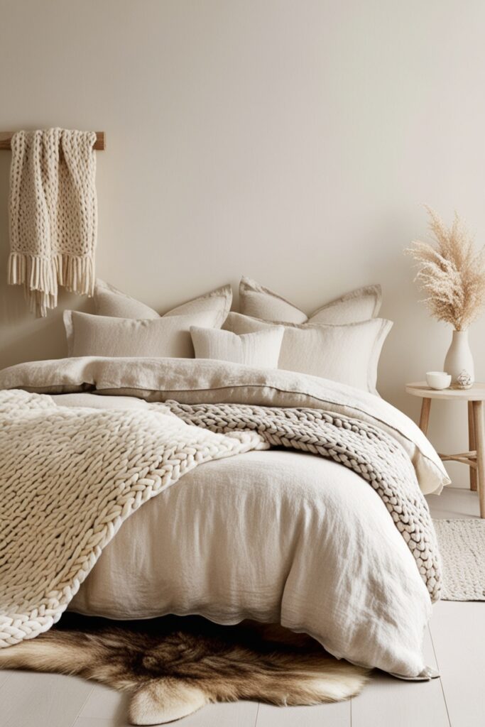 modern cream bedroom with layered textures linen bedding, faux fur rug, and a chunky knit blanket (2)