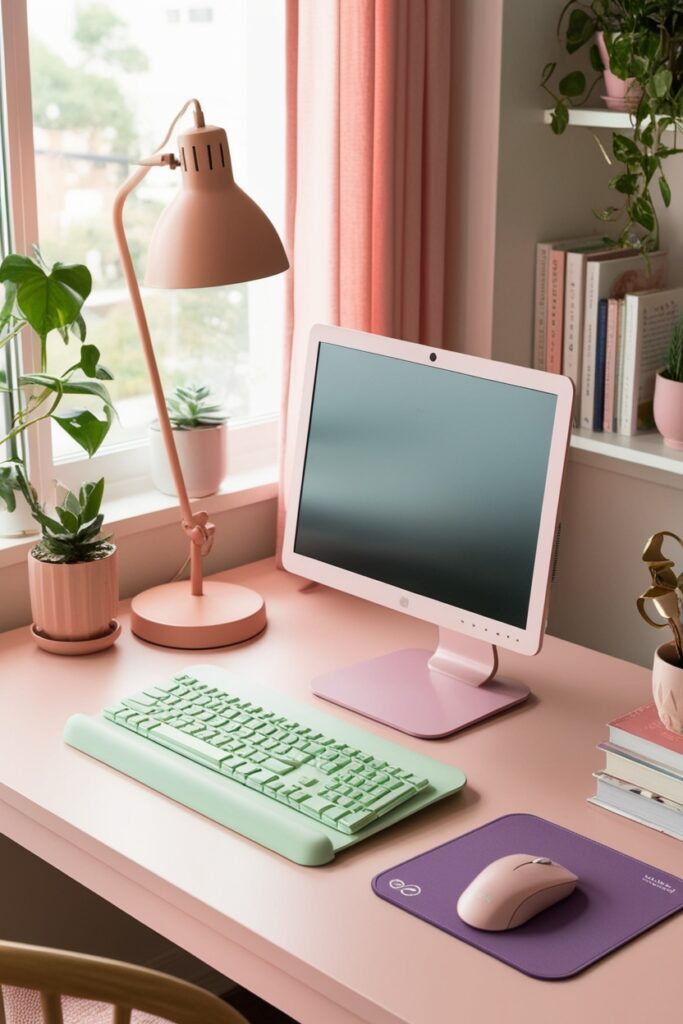 modern, feminine desk setup with pastel accessories—mint green keyboard, blush monitor stand
