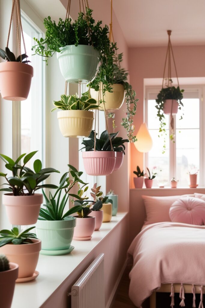 modern girly room with lots of plants in pastel ceramic pots—mint green, butter yellow, and pink