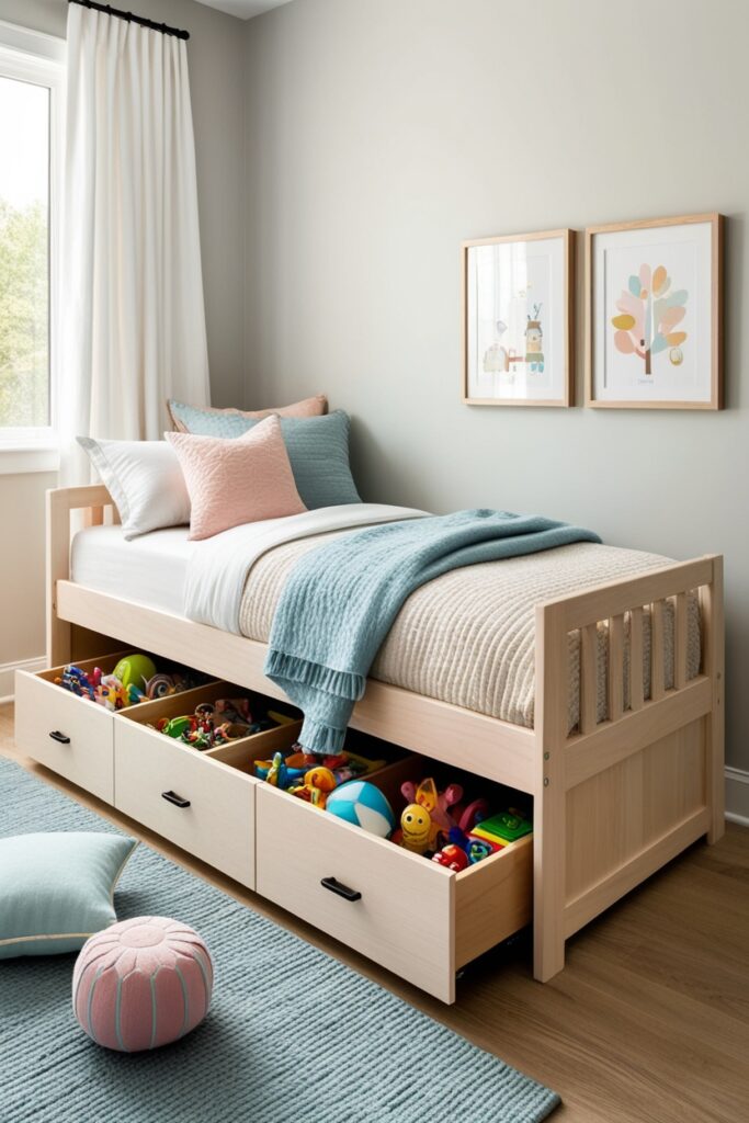modern room with a light wood bed featuring clean pull-out drawers underneath