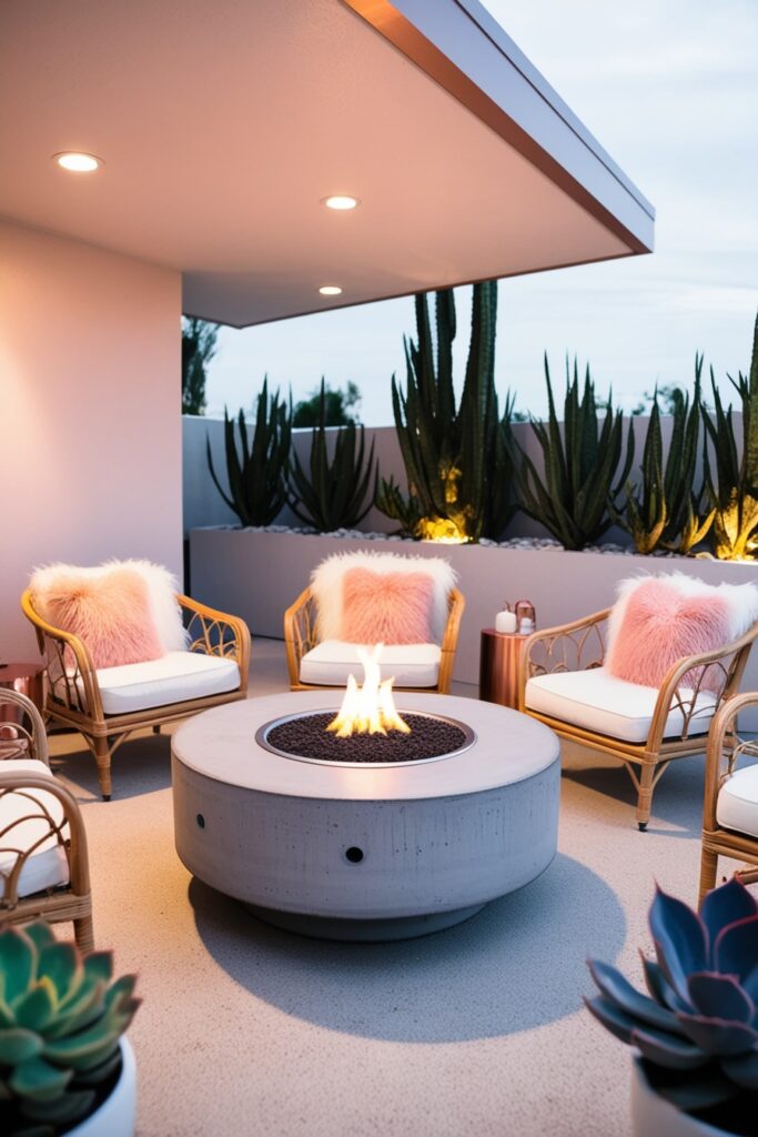 outdoor patio with a sleek concrete gas fire pit, blush pink and white decor, rattan furniture with fluffy pillows