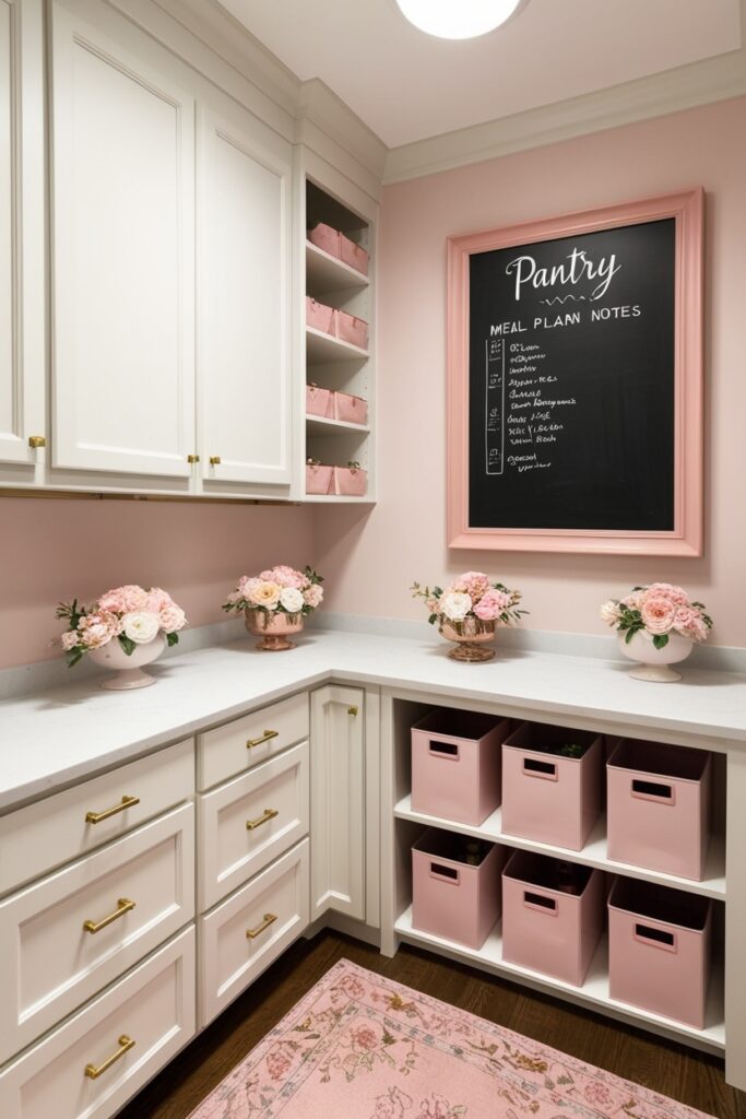 pantry nook with a blush-framed chalkboard wall for meal plans and notes