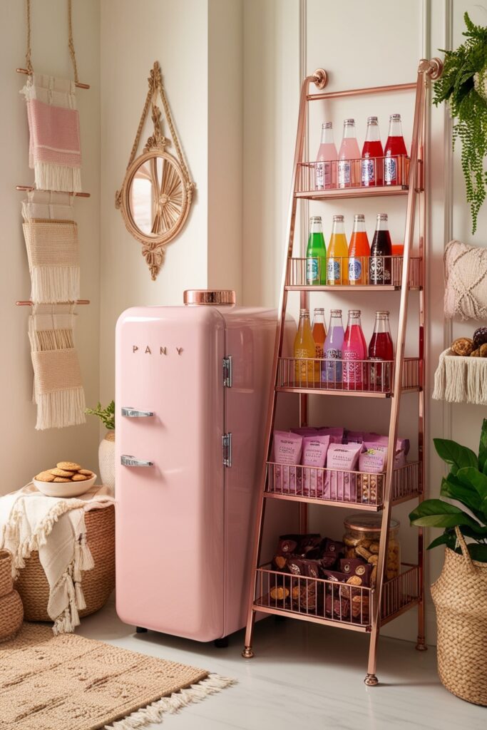 pantry with a blush pink mini fridge, stocked with drinks and organized snacks, rose-gold shelves