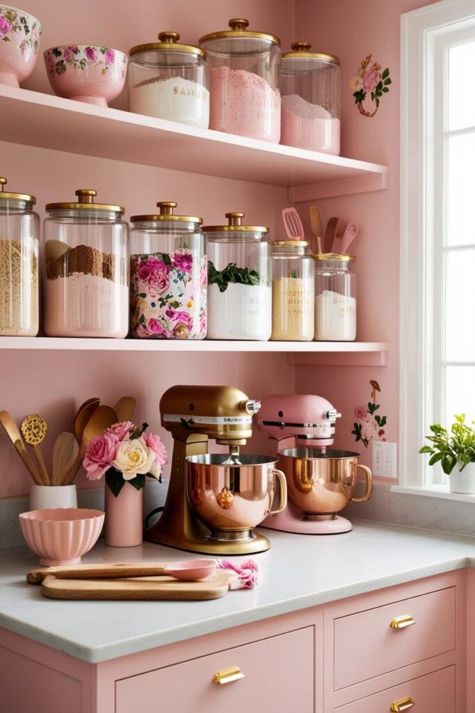 pantry with a pastel pink prep counter, baking ingredients neatly arranged in aesthetic jars