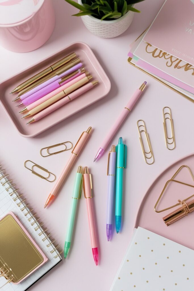 pastel gel pens, gold clips, aesthetic stationery in a blush tray