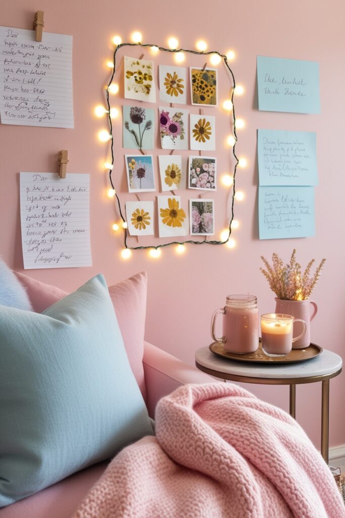 pastel-themed cozy room showing personal touches handwritten notes on the wall, fairy lights