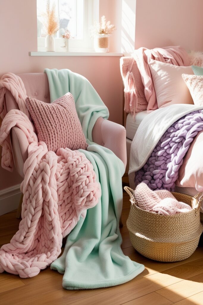 pastel-themed room with multiple soft throw blankets draped over a chair, bed, and a basket (2)