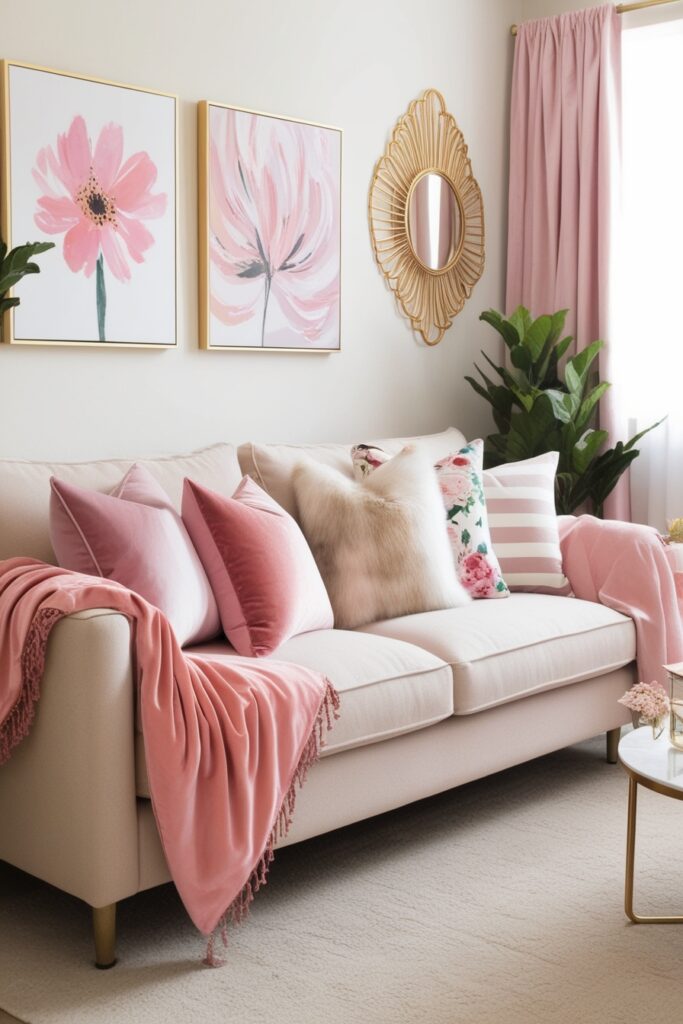 pink and beige sofa covered with a mix of modern throw pillows in velvet, faux fur, and linen