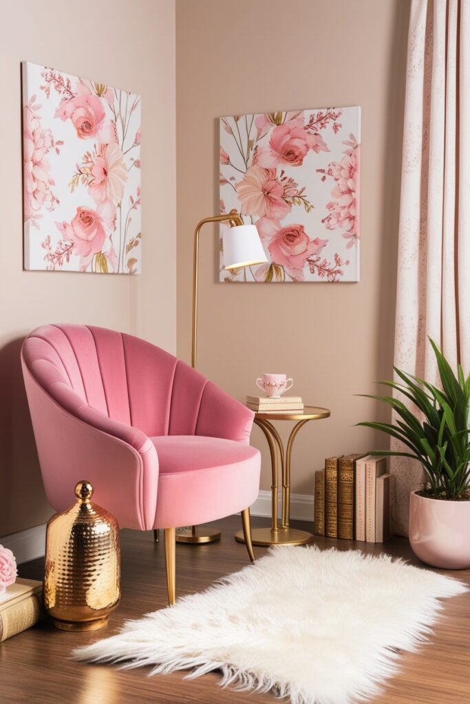 reading nook with pink velvet armchair, small gold side table, floor lamp, fluffy rug, wall art