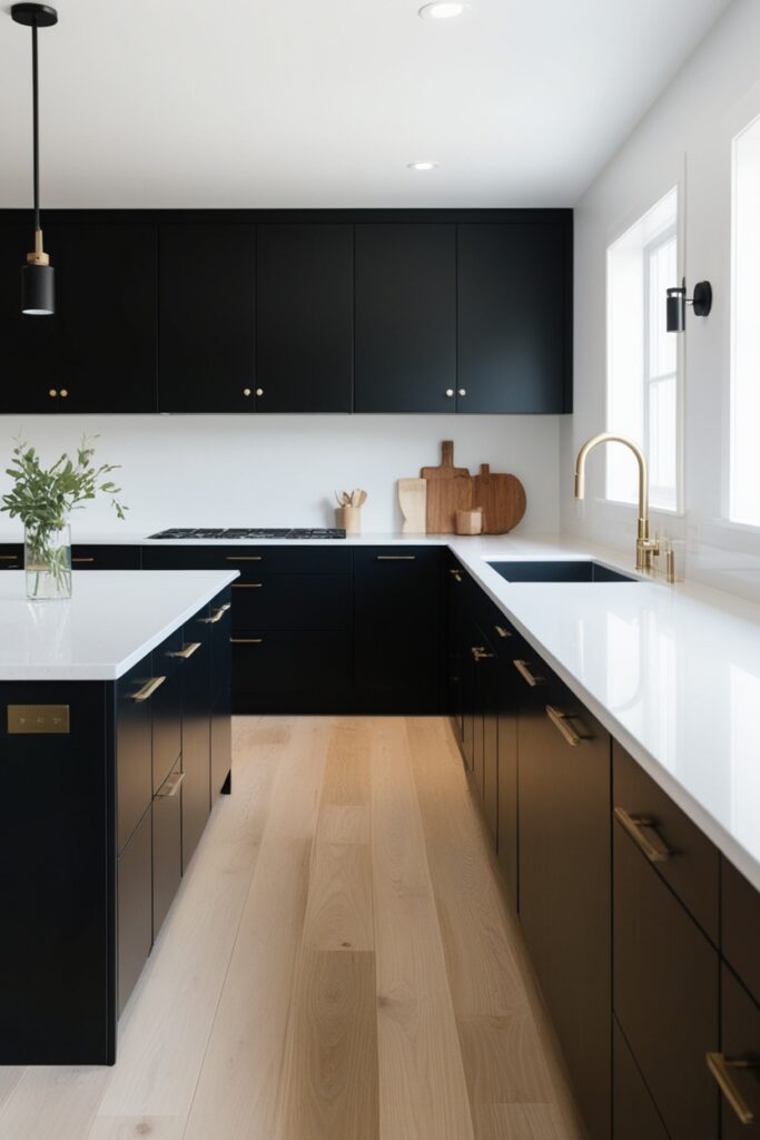 sleek modern kitchen with matte black cabinets, white quartz countertops, light wood floors
