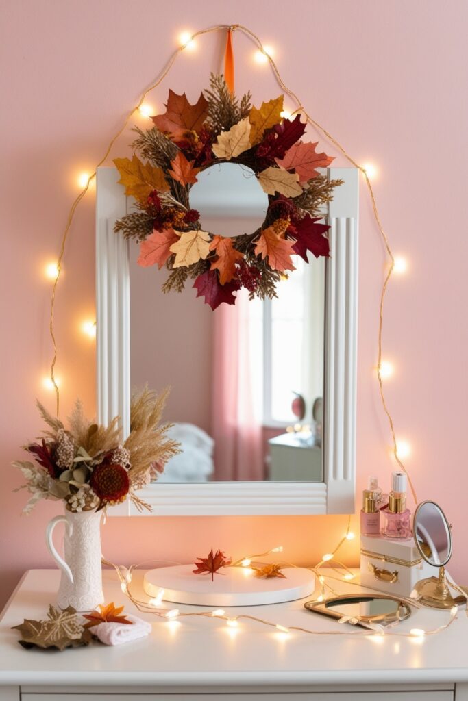 small fall wreath made of faux leaves and dried flowers hanging above a white vanity mirror