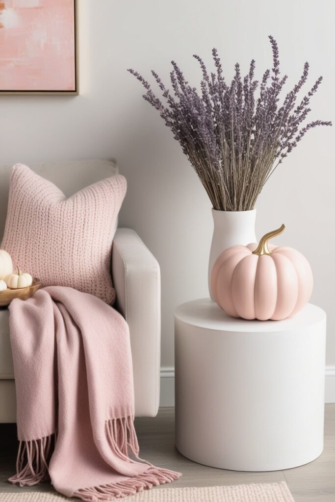 soft neutral room with seasonal cozy accents pastel pumpkin decor for fall, blush throw blankets