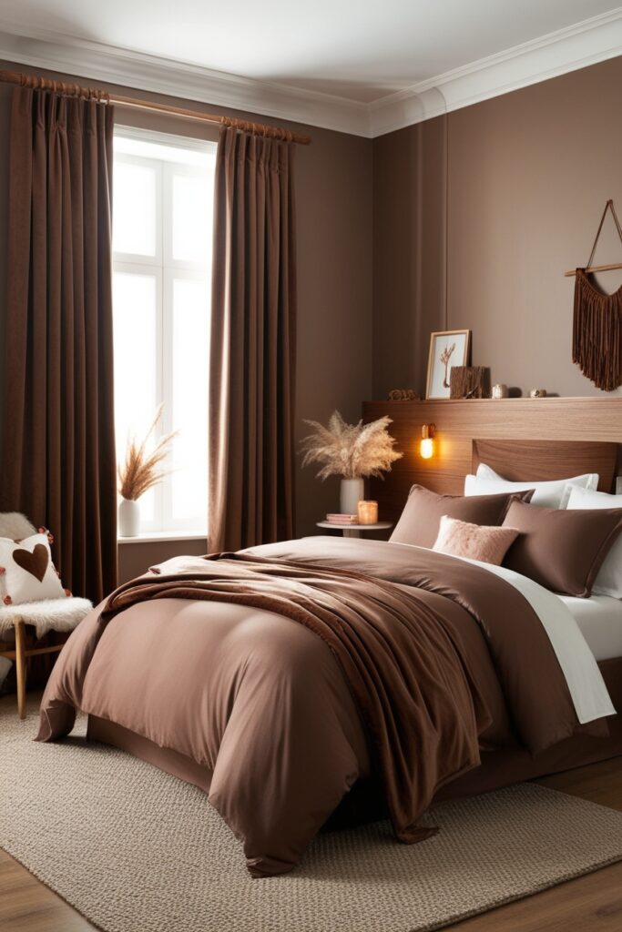 sophisticated bedroom in layered brown tones
