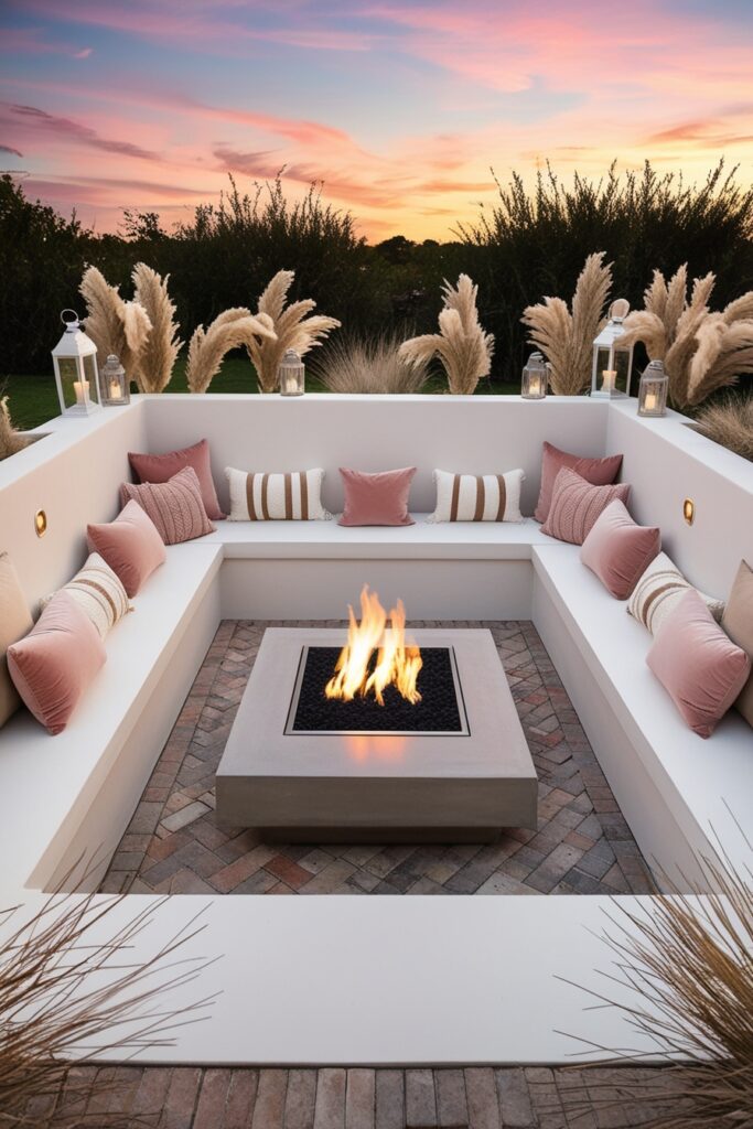 sunken fire pit area with built-in white bench seating, blush and beige cushions, a modern fire pit