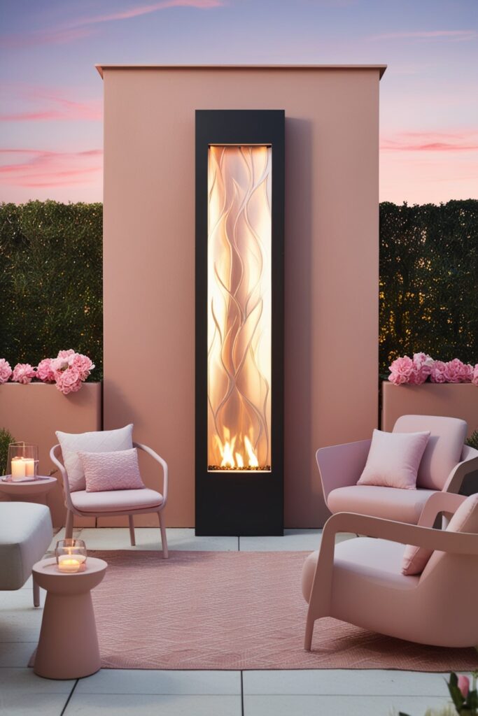 vertical fire feature on a blush-toned patio wall, surrounded by soft outdoor furniture